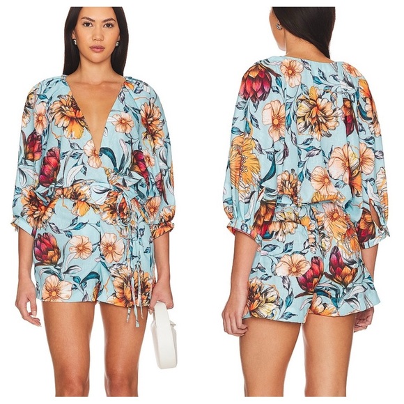Agua Bendita X Revolve Linnea Romper in Doux Blue Floral...